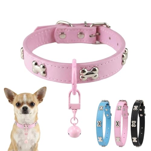 Adjustable Dog Collar with Bell — Pink · L