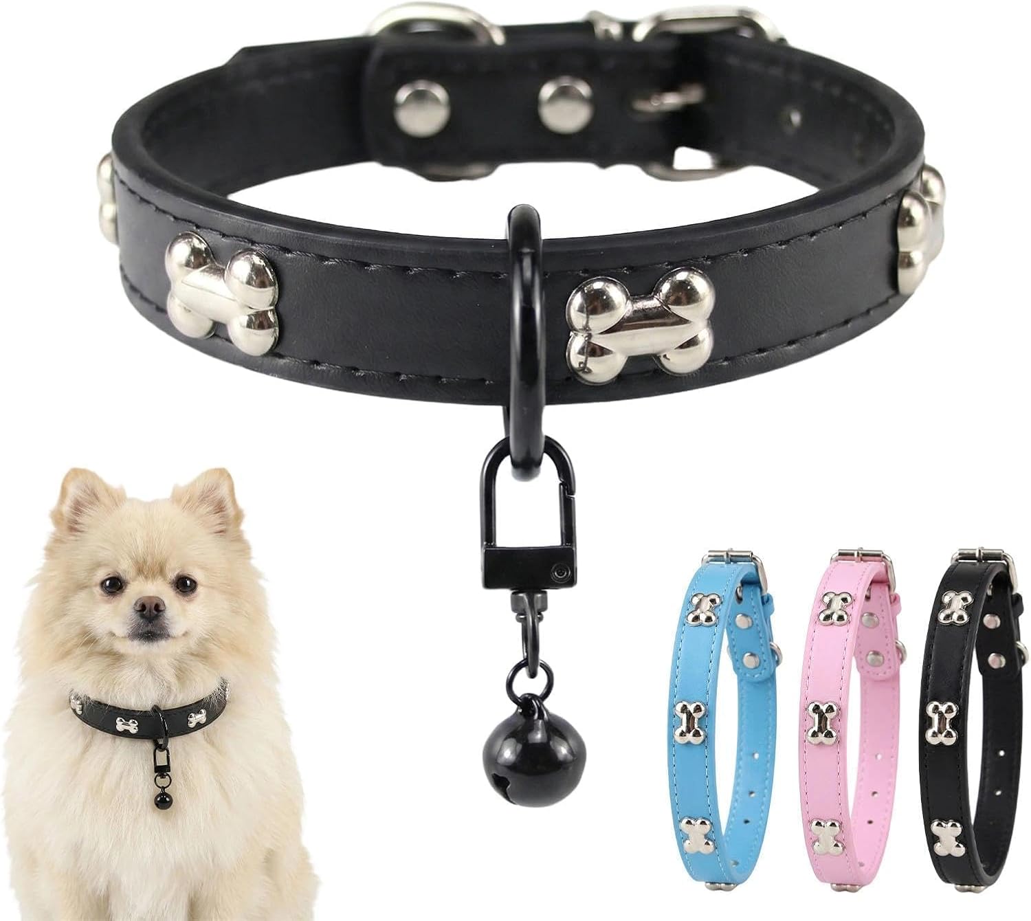 Collar ajustable para perro con cascabel — Negro · L — 1